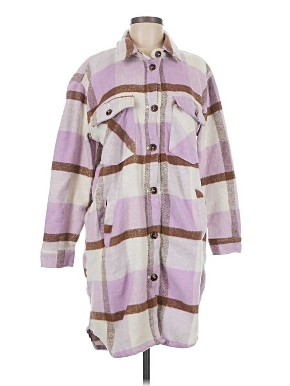 Blank NYC Plaid Shacket Shirt Jacket Size Medium Long Pea Coat Purple Beige Tan